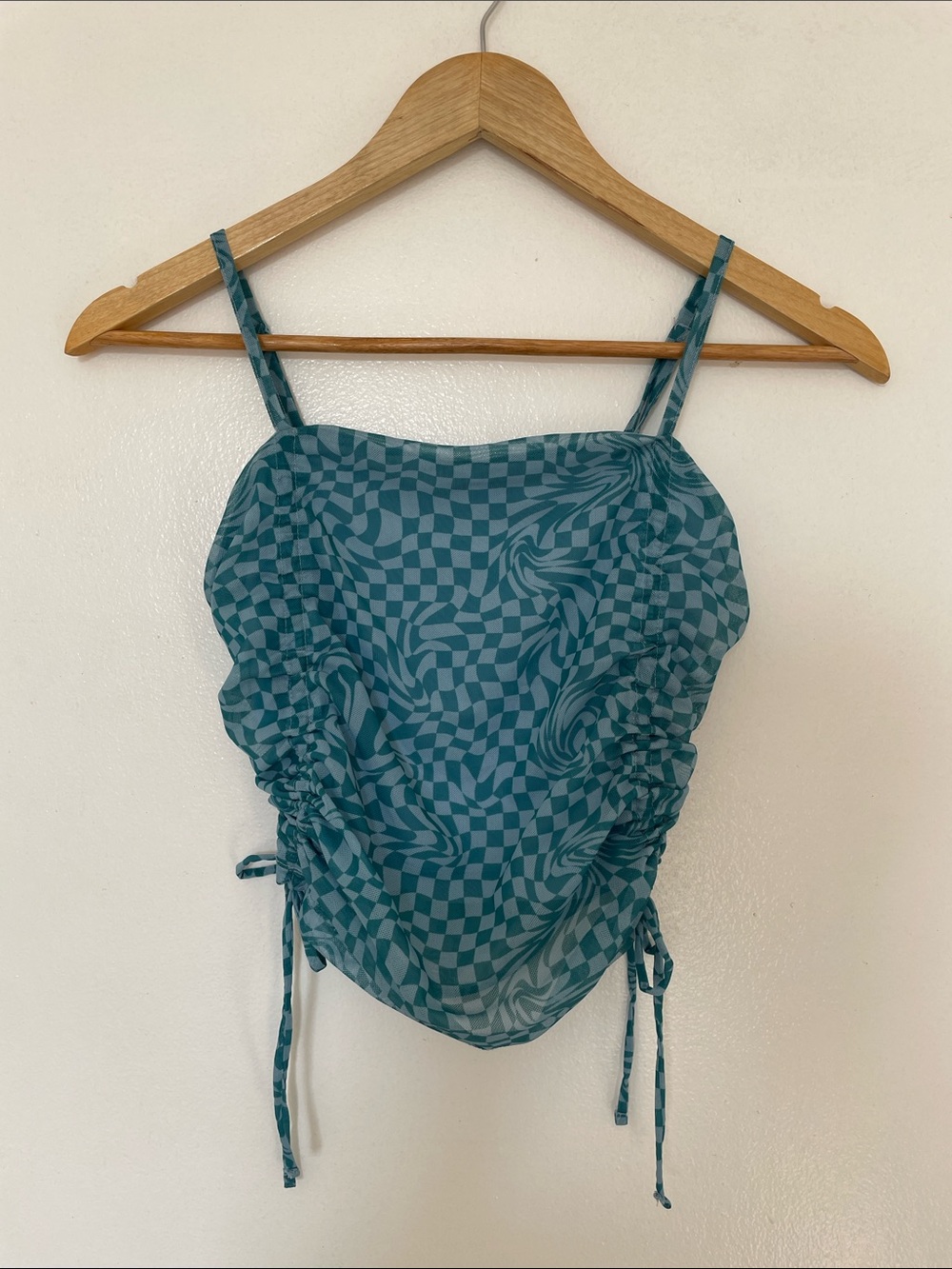 Sleeveless Teal Checkered Ruched Tank Top